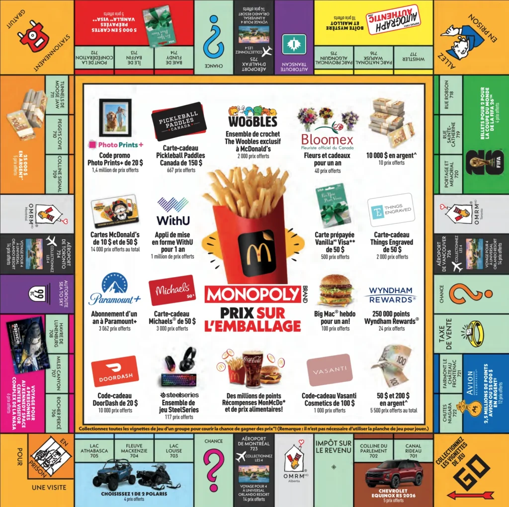 Planche de jeu monopoly Jouez 2X McDonald 2025