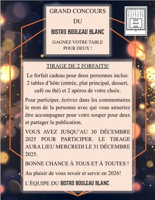 gagnez un forfait au bistro bouleau blanc avec ce concours facebook