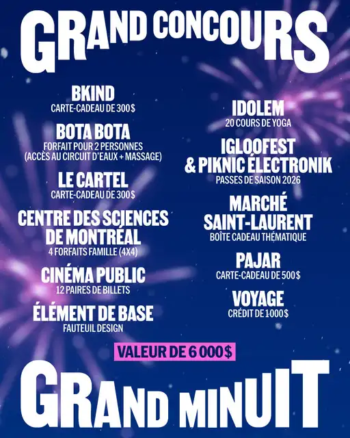 Plusieurs prix à gagnez avec le concours Grand Minuit de Montréal